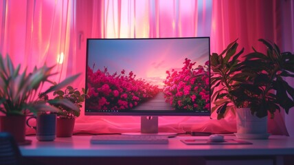 Table with Keyboard, Monitor, Flowers, Pink Background, Cinematic Lighting