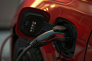 Close-up shot of a detail of the cable of an electric charger on a car