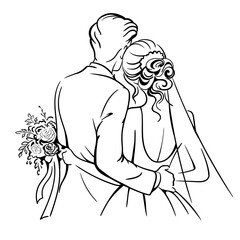 Bride and groom Line Art. Back view. Wedding silhouette figures of newlyweds. Heart Shape  Vector illustration

