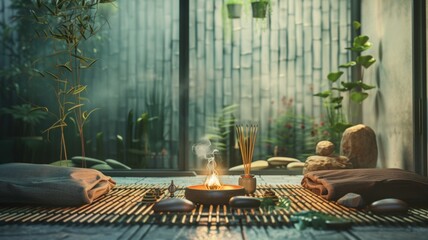 Tranquil Meditation Space with Incense and Zen Garden