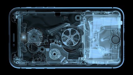 X-ray vision of a mobile phone showing intricate internal gears