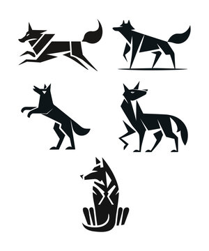 Collection of silhouettes of wolves, carnivorous wild animal set isolated in white background 