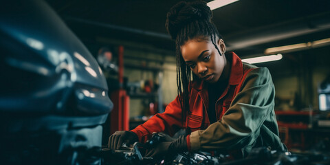 Female African American technician fixing a vehicle in Car Service.