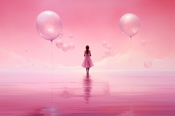 Fantasy scene with futuristic human character , Beautiful girl on a pink fantasy landscape 