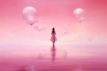 Papier Peint photo Lavable Rose  Fantasy scene with futuristic human character , Beautiful girl on a pink fantasy landscape 
