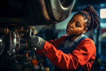Female African American auto mechanic repairing a car at Car Service.