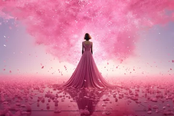 Rolgordijnen Fantasy scene with futuristic human character , Beautiful girl on a pink fantasy landscape  © Umar