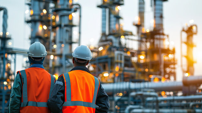 Refinery industry engineer are working and discussing at front oil and gas industrial factory,Oil refinery plant for industry..