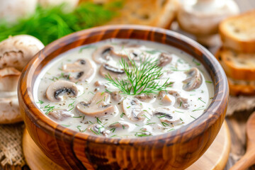 Delicious mushroom soup with dill and toast close-up on the table.