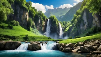 Zelfklevend Fotobehang Waterfall in the mountains, Generative Ai © MUHAMMAD