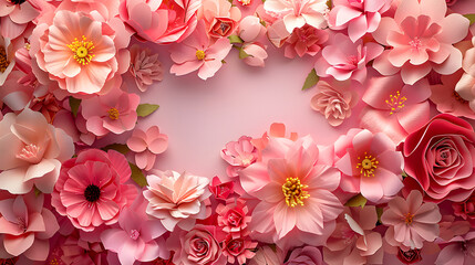 Fototapeta premium A vibrant background of pink paper flowers with ample space for text or greeting card design. Perfect for International Women's Day and Mother's Day celebrations.