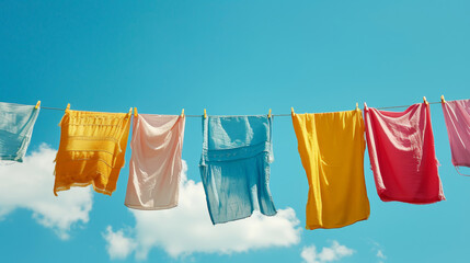 Bright colored clothes are drying on clothesline against the blue sunny sky. Laundry day concept. Generative AI