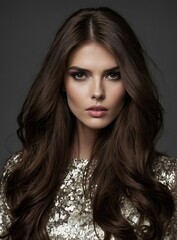 Fototapeta premium Beautiful Brunette Model with Sparkling Gold Silver Dress High Fashion Elegance Elegant Shine Hair