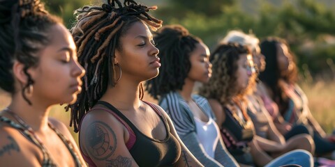 Women of Black and Latin descent engaging in mindful activities outdoors in a detailed photograph. Concept Outdoor Photoshoot, Women of Color, Mindful Activities, Detailed Photography