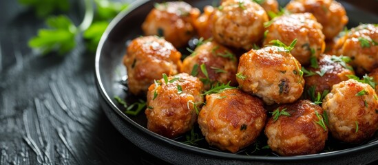 Delicious plate of meatballs served with a bunch of aromatic parsley garnish