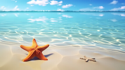 Fototapeta na wymiar Vacation in tropical resort, sea shells and starfish background
