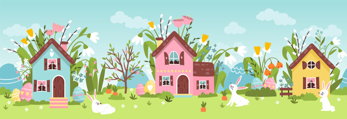 Cute Easter Egg hunt design for children, hand drawn with cute bunnies, eggs and decorations - great for party invitations, banners, wallpapers - vector