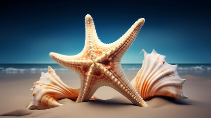 Fototapeta na wymiar Vacation in tropical resort, sea shells and starfish background