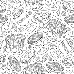 Funny desserts and sweets with berries seamless pattern. Cartoon hand drawn line art food illustration.