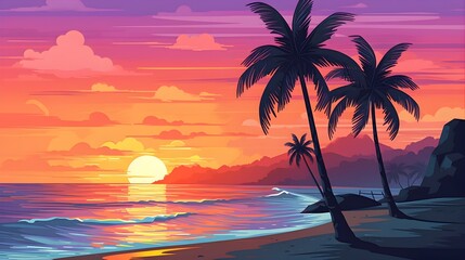 Fototapeta na wymiar illustration of beach in sunset with colorfully design