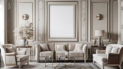 3D render of a sleek and modern poster blank frame in a sophisticated living room with luxurious furnishings and a neutral color palette