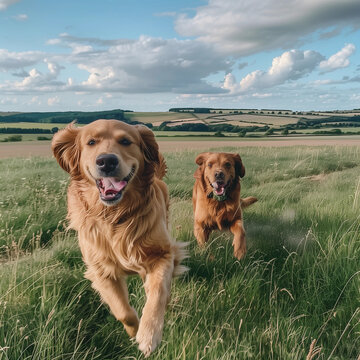 Joyful Golden Retrievers Running in a Sunny Green Field, Embracing the Outdoors and Their Playful Spirit on a Beautiful Summer Day
