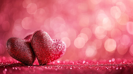 Fototapeta premium Two sparkling glitter hearts on blurred pink background. Valentine's day. Copy space. Romantic concept. Generative AI.