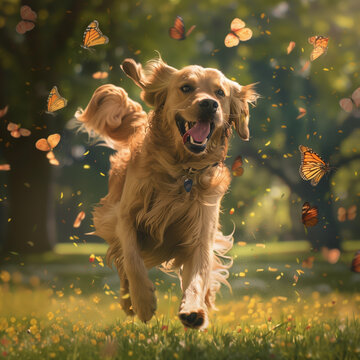 Joyful Golden Retrievers Running in a Sunny Green Field, Embracing the Outdoors and Their Playful Spirit on a Beautiful Summer Day