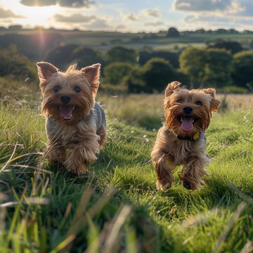 Joyful Yorkshire Terriers Running in a Grassy Field Under a Bright Blue Sky, Full of Energy and Playfulness on a Beautiful Summer Day.