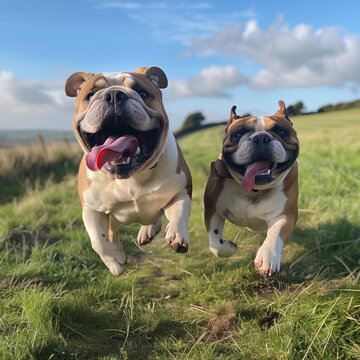 Adorable Young White English Bulldog s, Showcasing a Purebred Pedigree, Brown and Funny, with a Cute and Funny Expression, Perfectly Capturing This Beloved Canine Breed