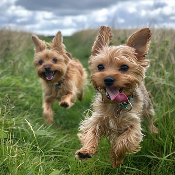 Joyful Yorkshire Terriers Running in a Grassy Field Under a Bright Blue Sky, Full of Energy and Playfulness on a Beautiful Summer Day.