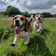 Curious Beagles on an Adventurous Run in Green Fields on a Sunny Summer Da