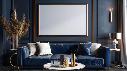 3D render of a sleek and modern poster blank frame in a coastal glam living room with luxurious finishes and seaside-inspired accents