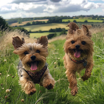 Joyful Yorkshire Terriers Running in a Grassy Field Under a Bright Blue Sky, Full of Energy and Playfulness on a Beautiful Summer Day.