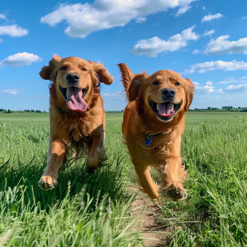 Joyful Golden Retrievers Running in a Sunny Green Field, Embracing the Outdoors and Their Playful Spirit on a Beautiful Summer Day