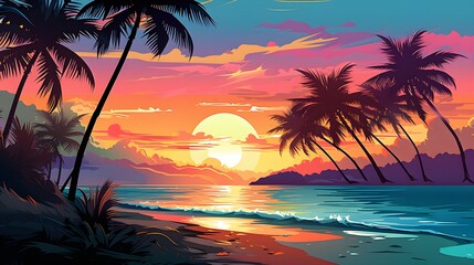 illustration of beach in sunset with colorfully design