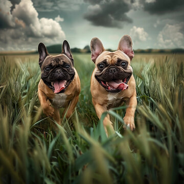 Adorable Young White English Bulldog s, Showcasing a Purebred Pedigree, Brown and Funny, with a Cute and Funny Expression, Perfectly Capturing This Beloved Canine Breed