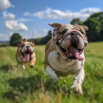 Adorable Young White English Bulldogs, Showcasing a Purebred Pedigree, Brown and Funny, with a Cute and Funny Expression, Perfectly Capturing This Beloved Canine Breed