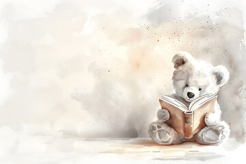 Watercolor little bear reading a book against light background with copy space - obrazy, fototapety, plakaty