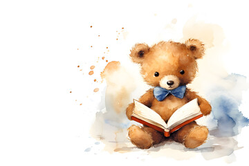 Watercolor little bear reading a book against light background with copy space