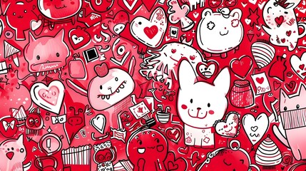 abstract red doodle with fully cute character background illustration