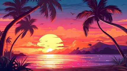 illustration of beach in sunset with colorfully design