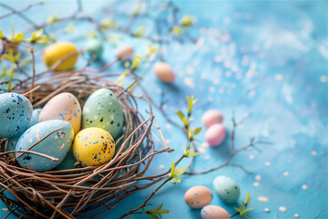 Colorful Easter background full of decorated eggs with copy space