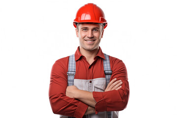 smiling happy man worker in bright red helmet, arms crossed on chest, isolated on white background