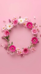 wreath of flowers on a pink background.