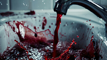 Bloody in sink with flowing red blood - obrazy, fototapety, plakaty