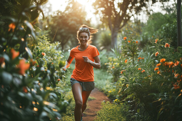 smile girl in orange color t-shirt sports is jogging in nature, selective focus, waist portrait,...