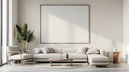 3D render of a sleek and modern poster blank frame in a Scandinavian minimalist living room with clean lines and natural materials