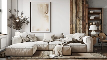 3D render of a sleek and modern poster blank frame in a rustic farmhouse living room with distressed wood accents