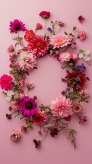 wreath of flowers on a pink background.